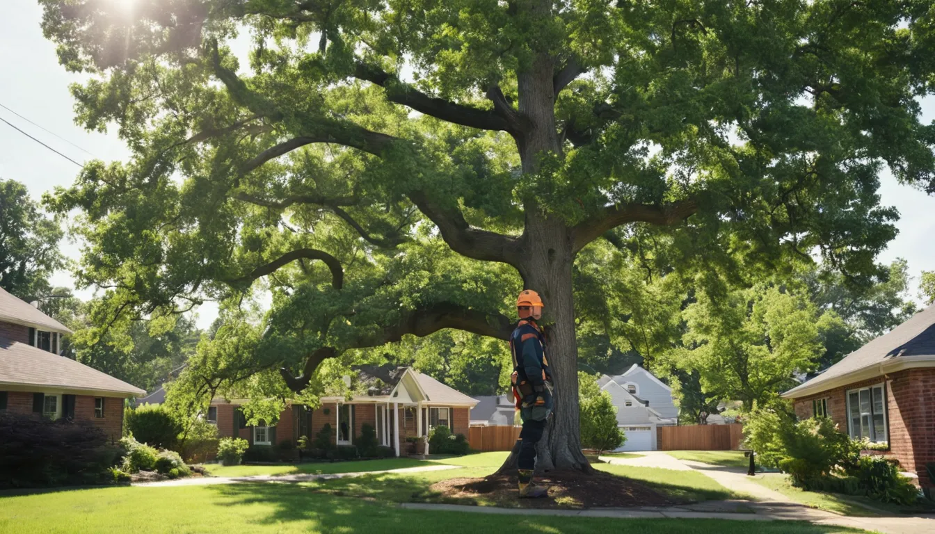 A tree removal provider working near a large oak behind a home in Chattanooga